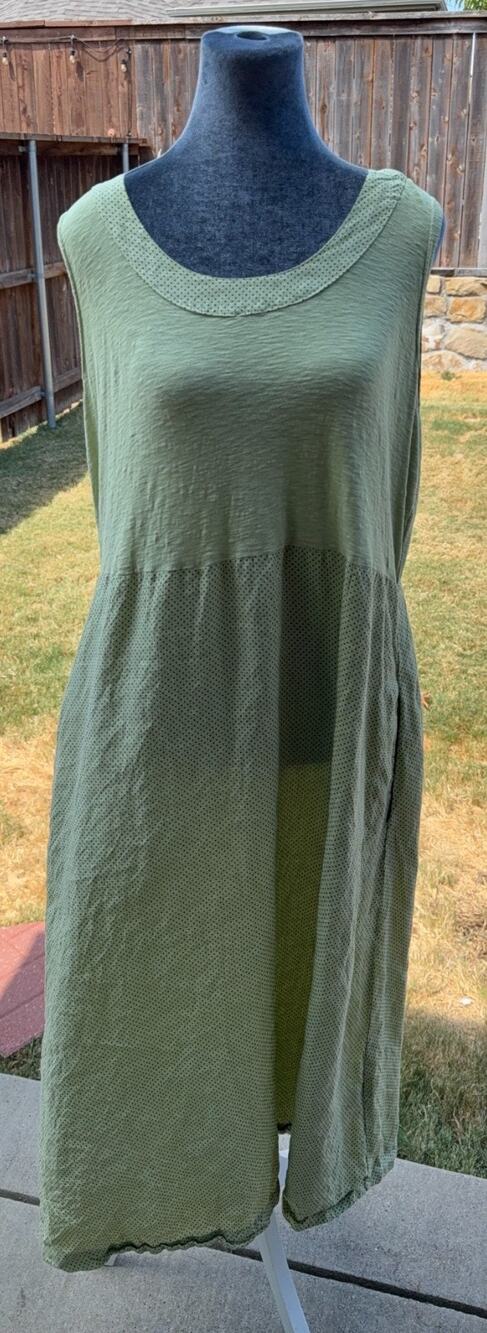 Cut Loose Dress Womens L Olive Green Linen Cotton Polka Dot Lagenlook Maxi USA